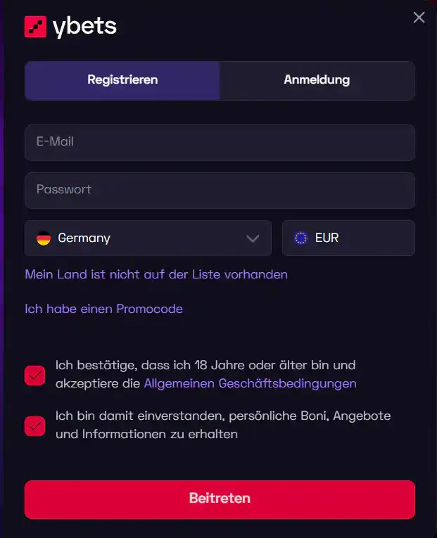 Registrierungsdialog von Ybets mit den sichtbaren Eingabefeldern