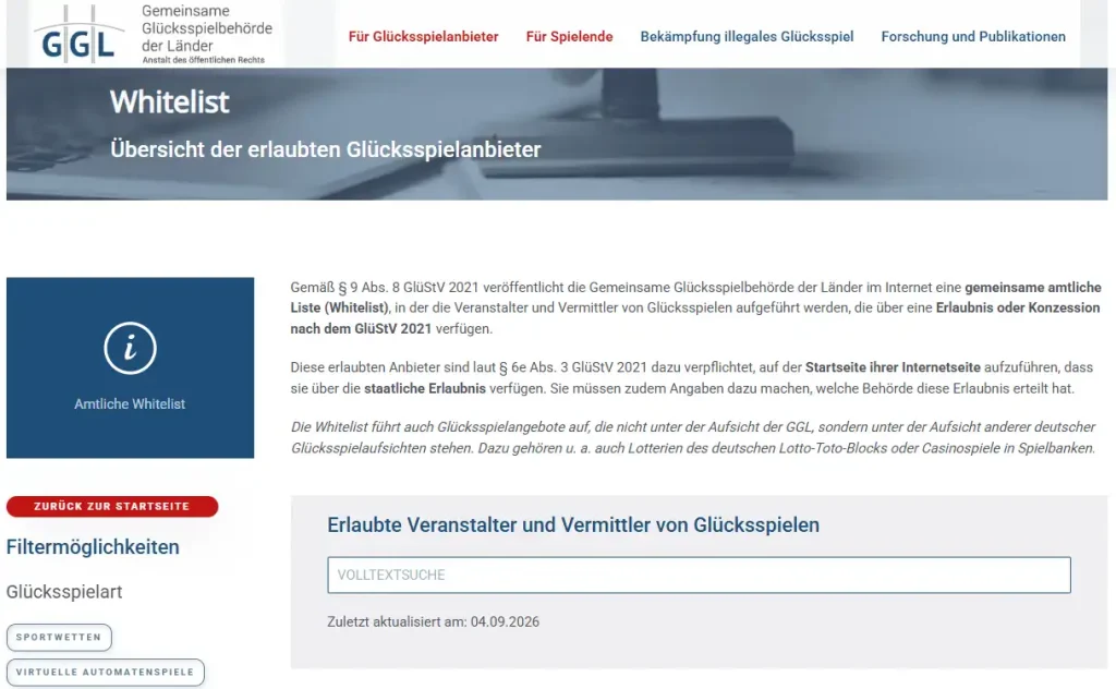 GGL Whitelist mit Aktualisierungsdatum und Suchfeld
