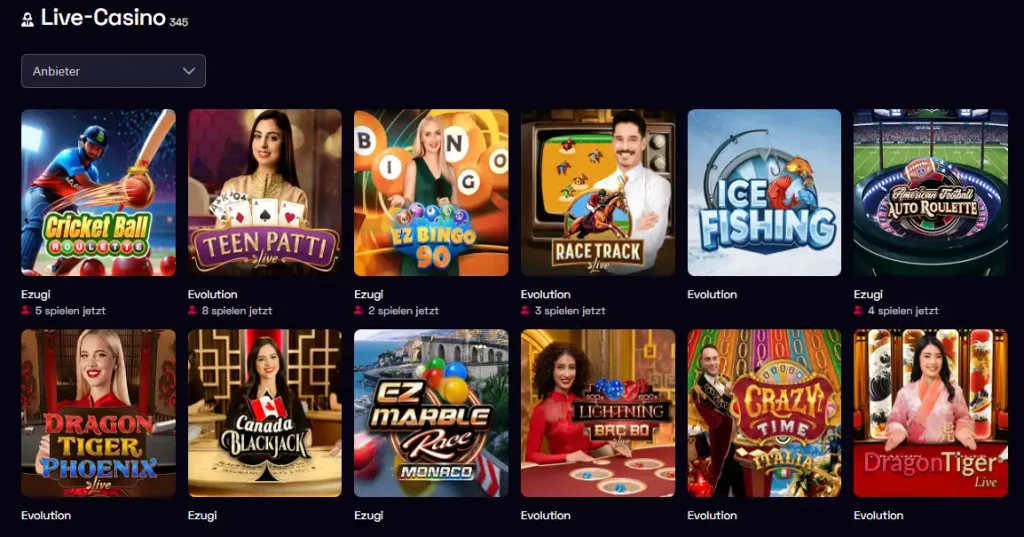 Ybets Live-Casino-Lobby mit Roulette, Blackjack und weiteren Dealer-Spielen