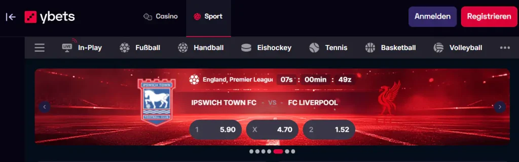 Ybets Sportsbook mit Wettmärkten und Wettschein