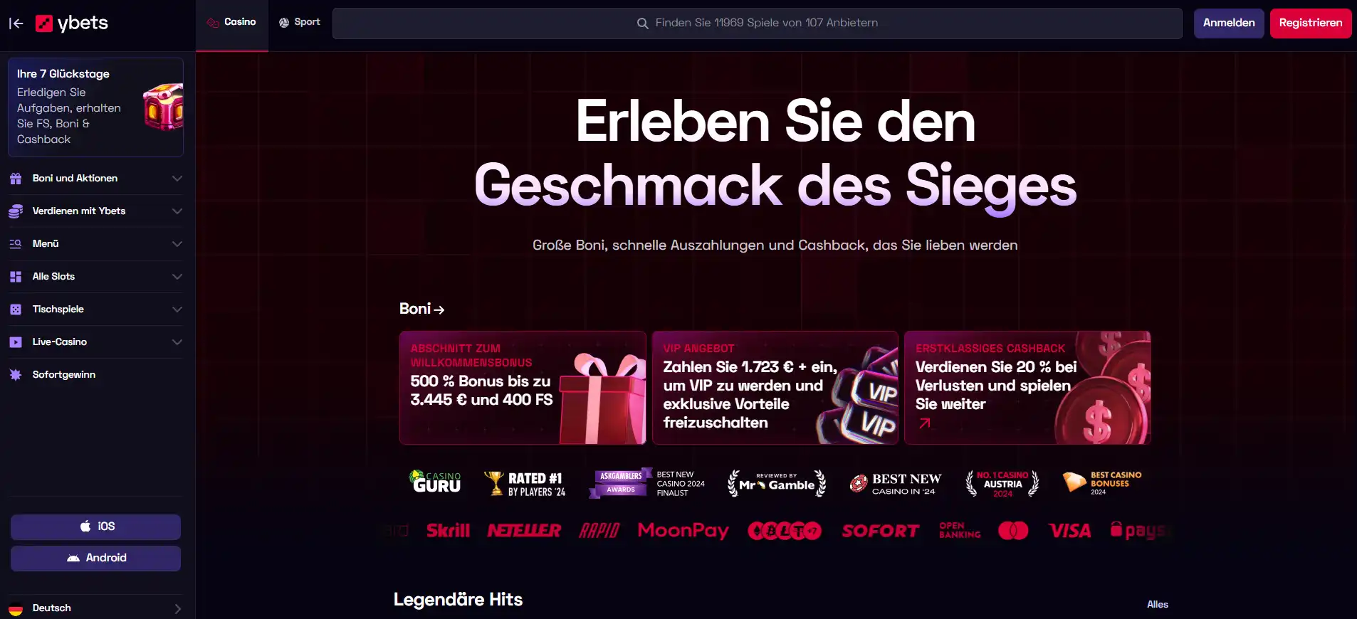 Startseite von Ybets mit zentralen Navigationsbereichen