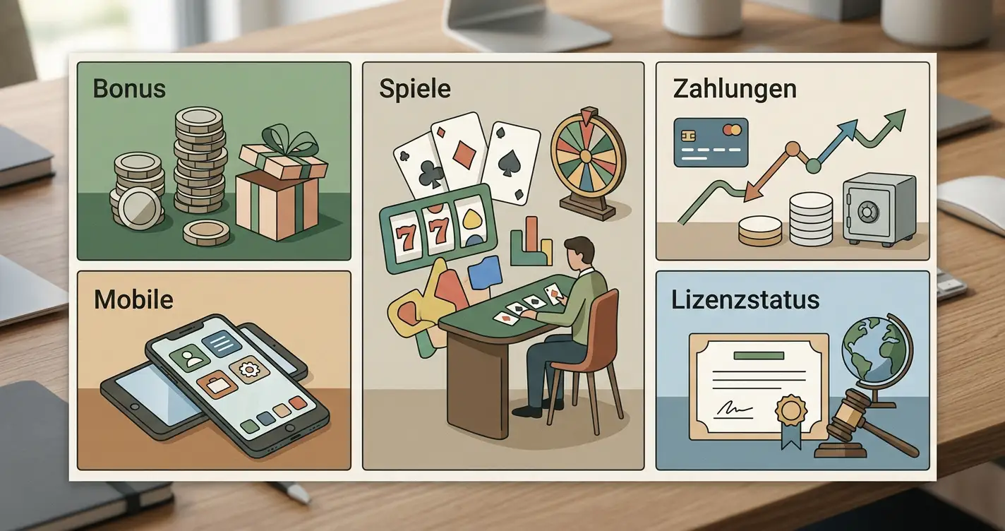 Vergleich von Bonus, Spielen, Zahlungen, mobiler Nutzung und Lizenzstatus