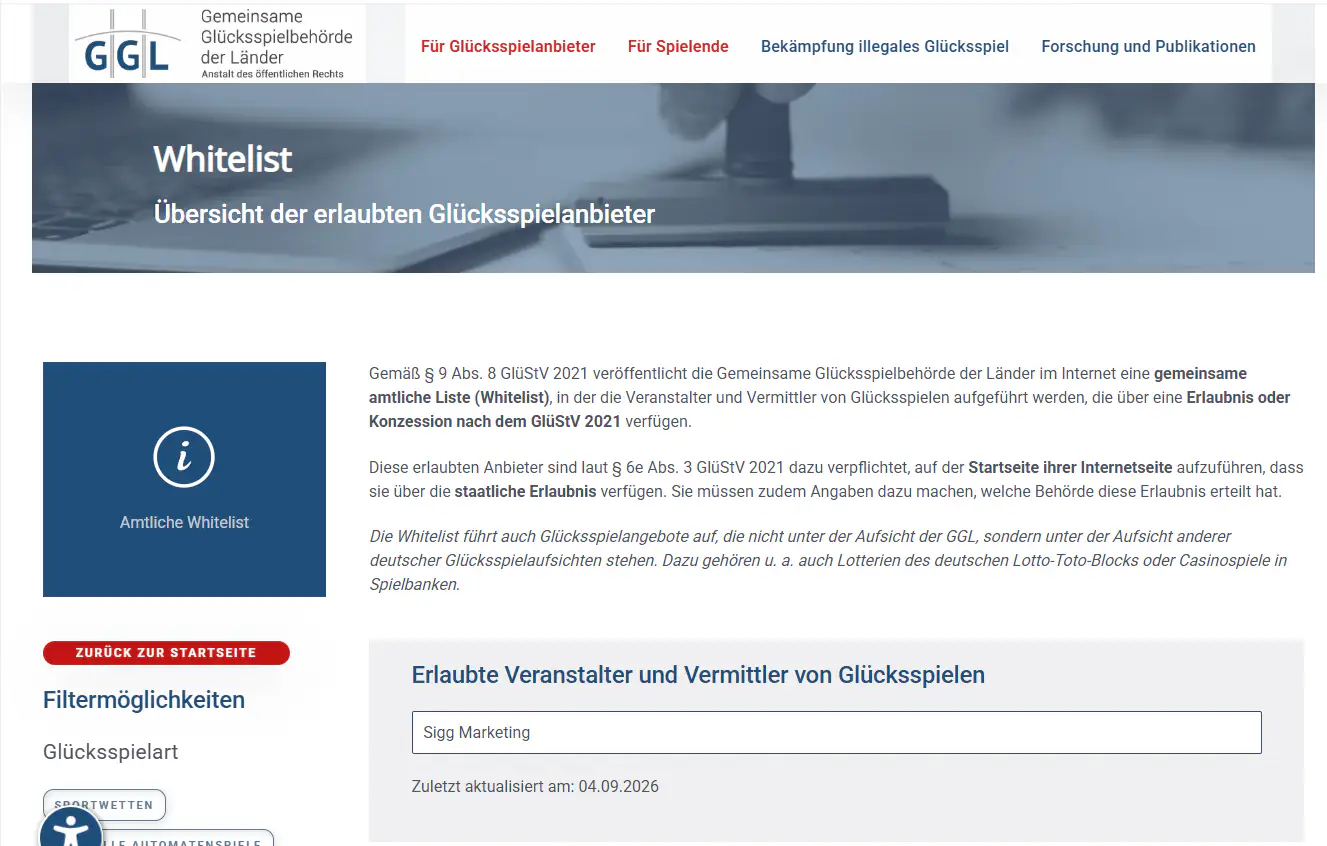 GGL Whitelist mit Such- und Registeransicht